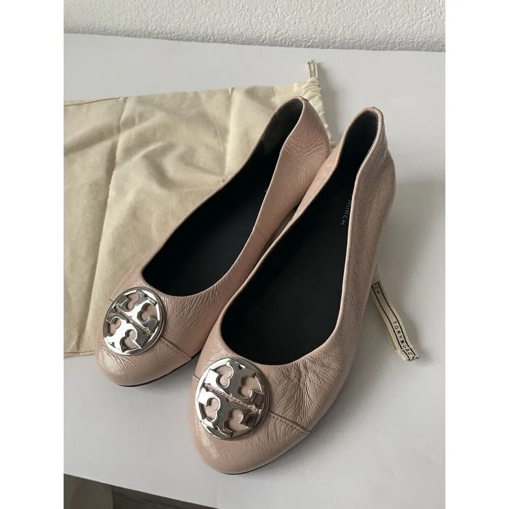 NEW TORY BURCH CHELSEA CAP TOE LEATHER BALLET FLAT IN SHELL PINK US SIZE 7.5